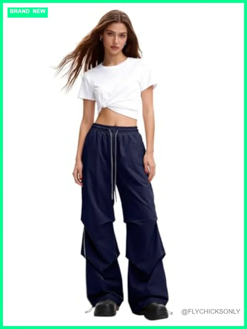 Y2K Baggy Parachute Cargo Pants Wide Leg Adjustable Drawstring Waist - Picture 2 of 6